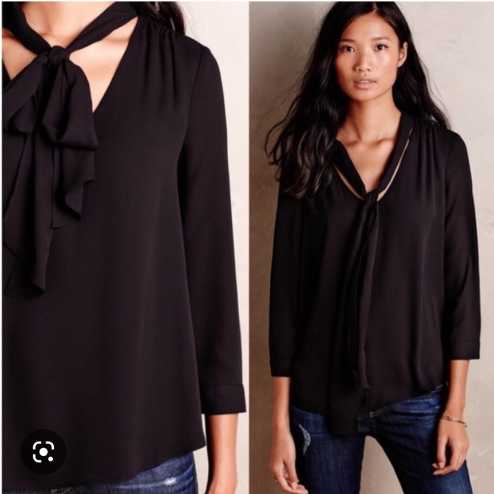 Anthropologie HD Paris | Black tie front Bow Blouse